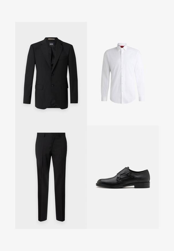 Sort blazer med spidse klapper, enknapsdesign, to knapper og to frontlommer. Glat stof og skræddersyet pasform.; Hvid skjorte med knapper lavet af glat stof med klassisk krave, lange ærmer og rundet kant. Har beige knapper foran.; Sorte skræddersyede bukser lavet af glat stof, med lige ben, raffinerede folder og en klassisk talje med bæltestropper.; Sort læderherresko med dobbelte spænder, slank silhuet og rund tå. Har en lav hæl og glat tekstur.