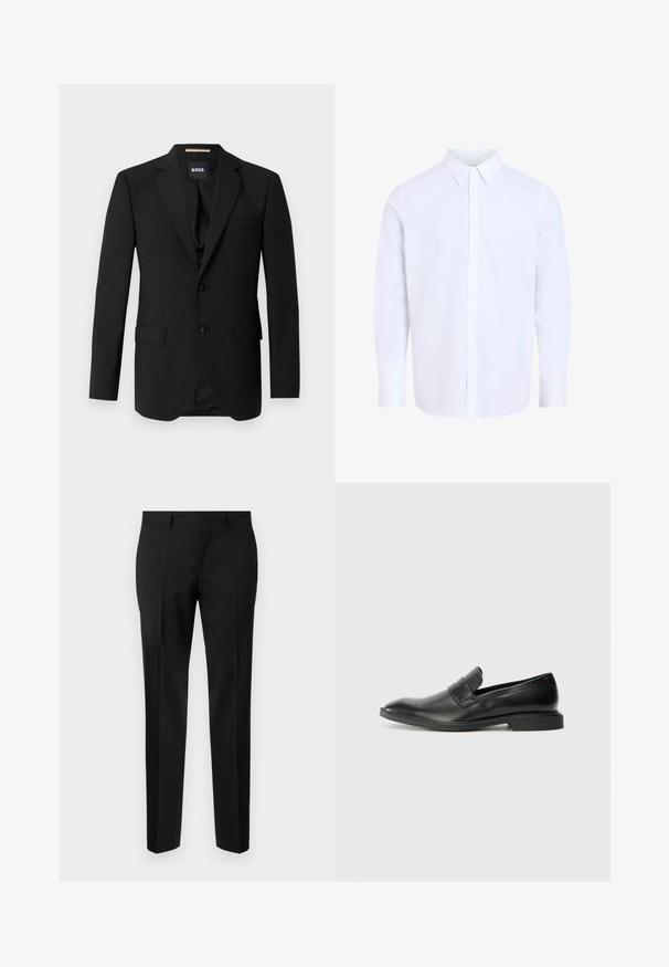 Schwarzes Blazer mit Reverskragen, einreihigem Design, zwei Knöpfen und zwei frontalen Taschen. Glattes Gewebe und taillierte Passform.; Weißes Hemd mit langen Ärmeln und klassischem Kragen, aus glattem Stoff gefertigt, mit durchgehendem Knopfleistenverschluss und abgerundetem Saum.; Schwarze maßgeschneiderte Hosen aus glattem Stoff, mit geradem Bein, feinen Bügelfalten und einem klassischen Bund mit Gürtelschlaufen.; Schwarze Lederlofer mit glatter Oberfläche, spitzer Zehenform und niedrigem rechteckigen Absatz. Mit horizontalem Riemen-Detail über dem Obermaterial.