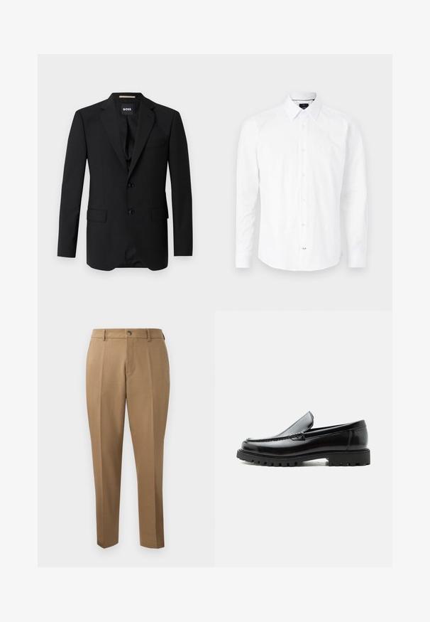 Sort blazer med spidse klapper, enknapsdesign, to knapper og to frontlommer. Glat stof og skræddersyet pasform.; Hvid langærmet skjorte lavet af bomuld. Har en knap-ned krave, frontlukning med knapper i pink og buet bund.; Brune skræddersyede bukser med lige snit, enkelt plissé, bæltestropper og frontknaplukning. Glat stof med en mat overflade.; Sort læderloafer med chunky gummisål, syet overdel og præget mærkenavn på hælen, vist i sideprofil på hvid baggrund.
