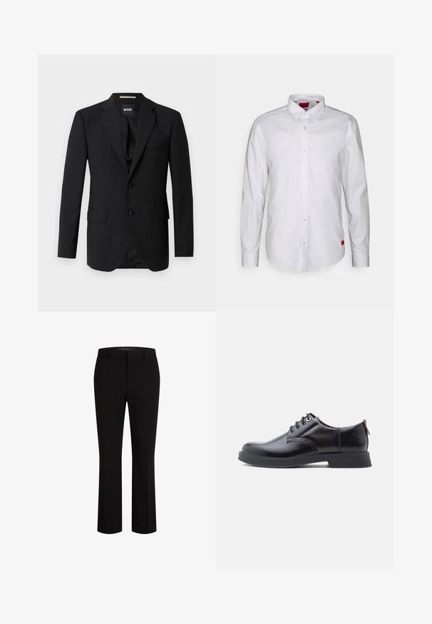 Sort blazer med spidse klapper, enknapsdesign, to knapper og to frontlommer. Glat stof og skræddersyet pasform.; Hvid langærmet skjorte med knap-udskæring, lavet af letvægtsstof. Har et subtilt mærke i rødt nederst.; Sorte skræddersyede bukser lavet af glat stof, med en lige ben-design, bælte løkker og front-lommer for ekstra funktionalitet.; Sorte snørestøvler i læder med glat tekstur, rundet tå og diskrete syningsdetaljer. Har en rød trækflig på hælen.