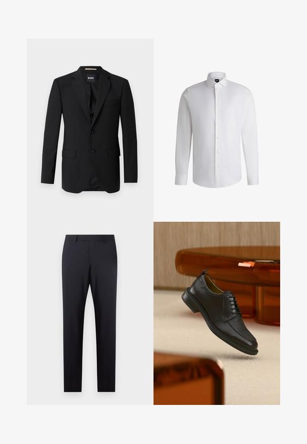Sort blazer med spidse klapper, enknapsdesign, to knapper og to frontlommer. Glat stof og skræddersyet pasform.; Hvid langærmet skjorte lavet af glat bomuld, med klassisk krave, fuld knaplukning og knapmanchetter. Minimalistisk design.; Mørkeblå skræddersyede bukser med flad front, slim fit, sidelommer og en glat tekstur; ingen synlige mønstre eller dekorative elementer.; Sort lædersko med snørebånd og tekstureret front, svævende over beige tæppe i et moderne rum med møbler i ravfarvet toning.