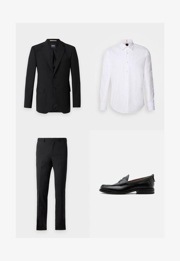Blazer negro con solapas de muesca, diseño de un solo botón, dos botones y dos bolsillos frontales. Tejido suave y corte entallado.; Camisa blanca de manga larga y corte clásico, hecha de algodón, que presenta un cuello clásico, un logo sutil cerca del pecho y botones blancos.; Pantalones negros con un corte ajustado, que presentan un frente plano, dos pliegues, pasadores para cinturón y una textura suave. Sin patrones ni accesorios visibles.; Mocasín de hombre de piel negra con costura moc toe, tira penny, cuello texturizado y tacón bajo apilado sobre fondo blanco.