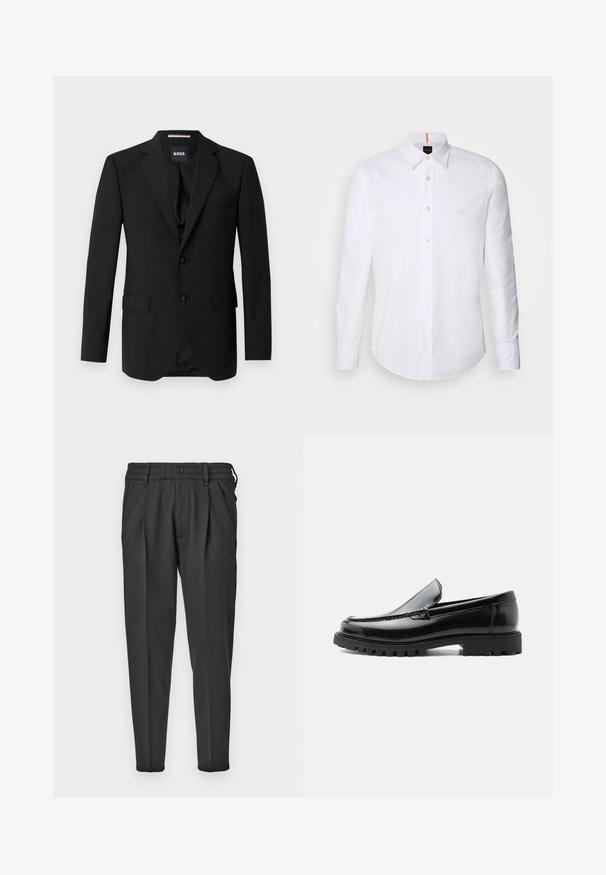 Blazer negro con solapas de muesca, diseño de un solo botón, dos botones y dos bolsillos frontales. Tejido suave y corte entallado.; Camisa blanca de manga larga y corte clásico, hecha de algodón, que presenta un cuello clásico, un logo sutil cerca del pecho y botones blancos.; Pantalones negros de tela suave, con un frente plisado, cinturilla elástica y piernas rectas con un fondo cónico.; Mocasín de cuero negro con suela de goma gruesa, empeine cosido y nombre de la marca en relieve en el talón, mostrado en perfil lateral sobre fondo blanco.