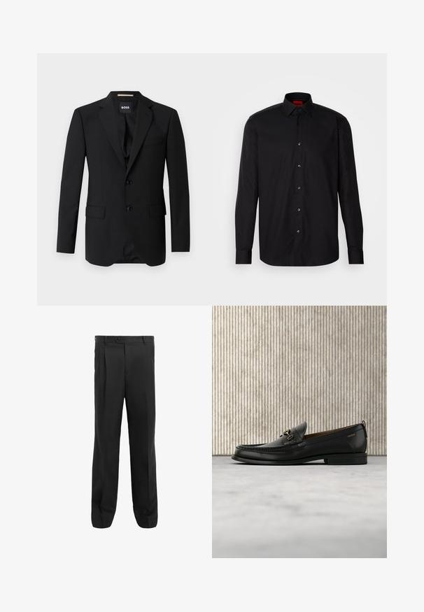 Blazer negro con solapas de muesca, diseño de un solo botón, dos botones y dos bolsillos frontales. Tejido suave y corte entallado.; Camisa negra de manga larga hecha de una tela suave, con un cuello clásico con tapa, cierre frontal de botones y un ajuste entallado.; Pantalones negros con un diseño de pierna recta, que presentan pliegues, un cierre de un solo botón y trabillas para cinturón. Fabricados con una tela suave.; Mocasín de cuero negro con pieza metálica dorada y logotipo "HUGO", exhibido sobre una alfombra beige y muebles translúcidos marrones.