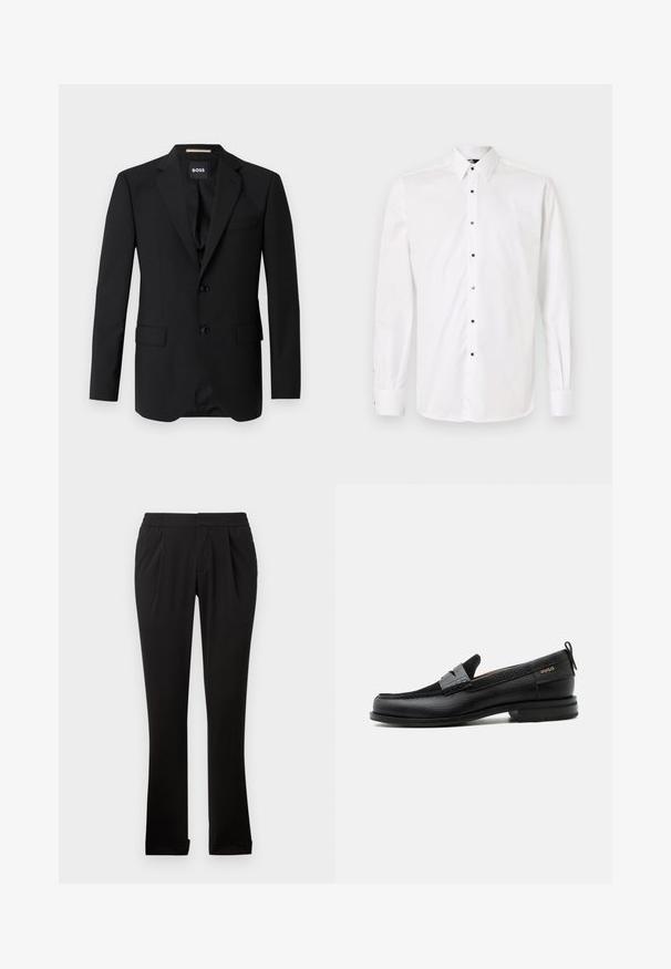 Sort blazer med spidse klapper, enknapsdesign, to knapper og to frontlommer. Glat stof og skræddersyet pasform.; Hvid langærmet skjorte med knapper, der har en klassisk krave, små kvadratiske knapper ned foran og manchetter med knaplukninger.; Sorte bukser lavet af glat stof med elastisk talje, lige ben, frontfolder og opretstående sømme. Enkel og alsidig design.; Sort læderloafer med grå remdetalje, lav hæl og tekstureret sål, mærket med "HUGO" i guld på siden.