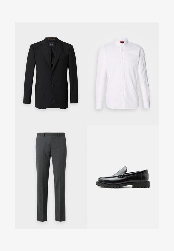 Blazer noir avec revers crantés, design à un bouton, deux boutons et deux poches avant. Tissu lisse et coupe ajustée.; Chemise blanche à manches longues avec col classique, patte de boutonnage à l'avant et texture en coton lisse.; Pantalons ajustés gris foncé en textile lisse. Présente des jambes droites, une taille plate et des passants de ceinture. Pas de motifs ou d'accents visibles.; Mocassin en cuir noir avec semelle en caoutchouc épaisse, dessus cousu et nom de marque embossé sur le talon, présenté de profil sur fond blanc.