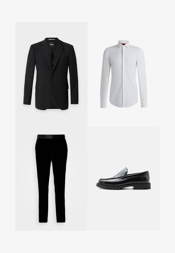 Schwarzes Blazer mit Reverskragen, einreihigem Design, zwei Knöpfen und zwei frontalen Taschen. Glattes Gewebe und taillierte Passform.; Weißes Langarm-Hemd mit Knopfleiste, weit geschnittenem Kragen und abgerundetem Saum. Hergestellt aus glattem Stoff mit dezentem Glanz.; Schwarze Samthosen mit tailliertem Schnitt, glatter Textur und passendem Bund. Verfügt über gerade Beine und Seitentaschen.; Schwarzer Lederloafer mit grober Gummisohle, genähter Oberseite und geprägtem Markennamen an der Ferse, seitlich auf weißem Hintergrund gezeigt.