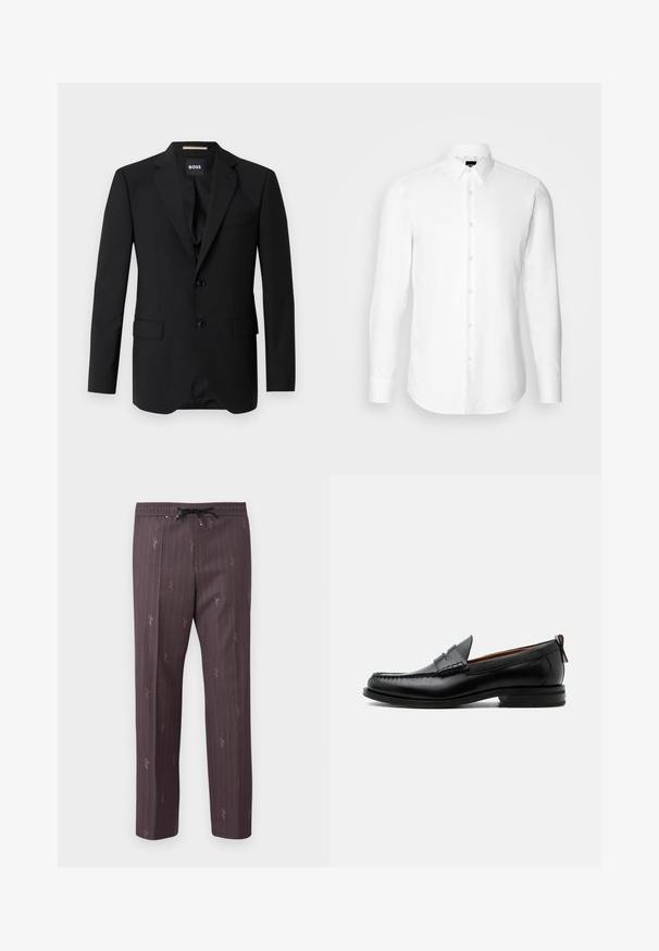 Schwarzes Blazer mit Reverskragen, einreihigem Design, zwei Knöpfen und zwei frontalen Taschen. Glattes Gewebe und taillierte Passform.; Weißes Langarmhemd, vorne mit Knöpfen, klassischer Kragen, aus glattem Stoff mit feiner Textur, für eine figurnahe Passform entworfen.; Hose mit elastischem Bund in Dunkelpurpur mit vertikalen Streifen und dezenten Druckdetails. Leichtes Material mit entspannter Passform.; Schwarzer Leder-Herrenschuh mit Mokassinnaht, Penny-Riemen, strukturiertem Kragen und niedrigem gestapeltem Absatz auf weißem Hintergrund.