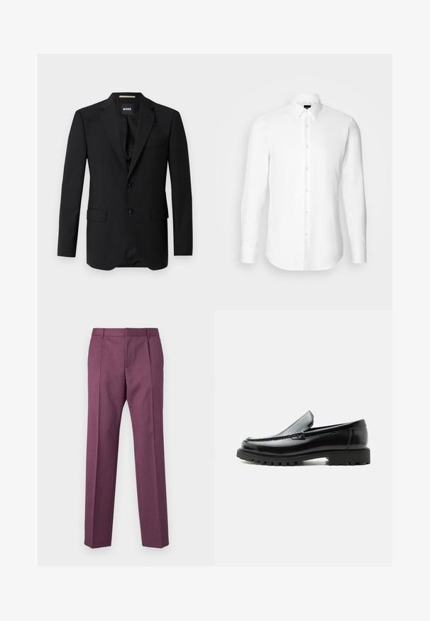 Sort blazer med spidse klapper, enknapsdesign, to knapper og to frontlommer. Glat stof og skræddersyet pasform.; Hvid skjorte med lange ærmer, knaplukning foran, klassisk krave, lavet af glat stof med en subtil tekstur, designet til et tætsiddende udseende.; Lilla, stribet bukser med lige ben, skræddersyet design og forlommer. Fremstillet af letvægtsstof, har bælteløkker og en frontfold.; Sort læderloafer med chunky gummisål, syet overdel og præget mærkenavn på hælen, vist i sideprofil på hvid baggrund.
