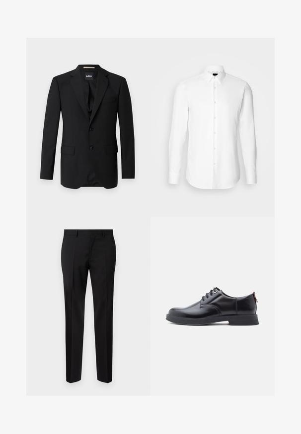 Blazer noir avec revers crantés, design à un bouton, deux boutons et deux poches avant. Tissu lisse et coupe ajustée.; Chemise blanche à manches longues, boutonnée sur le devant, col classique, fabriquée en tissu lisse avec une texture subtile, conçue pour une coupe ajustée.; Pantalons noirs ajustés en tissu lisse, présentant une jambe droite, des détails de pli raffinés et une taille classique avec passants de ceinture.; Chaussures en cuir noir à lacets avec une texture lisse, un bout arrondi et des détails de couture discrets. Présentent une languette rouge à l'arrière.