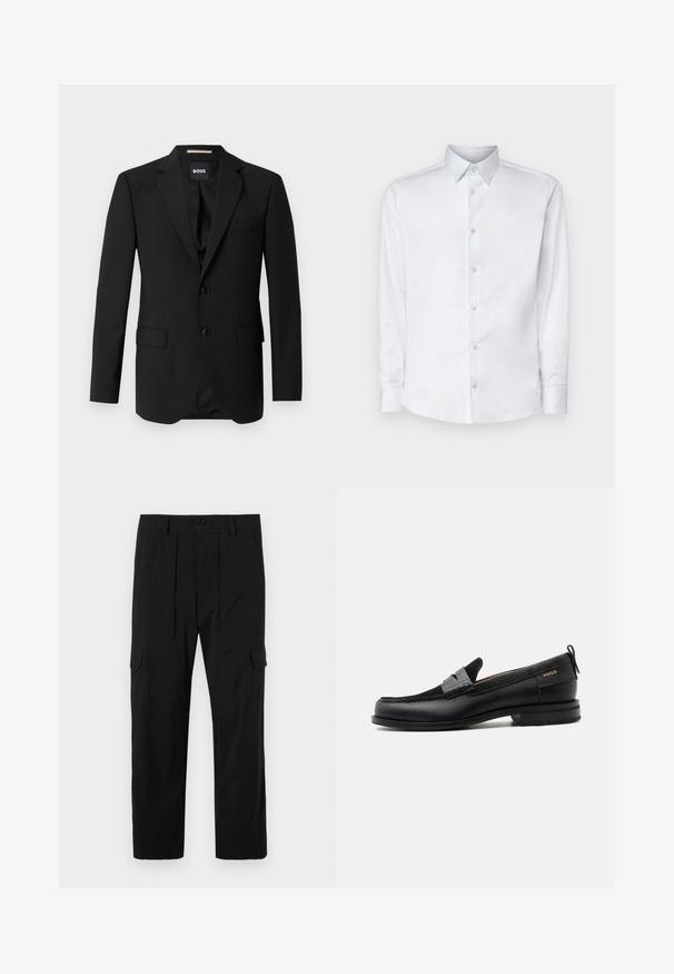 Sort blazer med spidse klapper, enknapsdesign, to knapper og to frontlommer. Glat stof og skræddersyet pasform.; Hvid langærmet skjorte lavet af glat stof, med en klassisk krave, knaplukning og manchetter med knapper, vist på en ensfarvet baggrund.; Sorte cargo bukser lavet af letvægtsstof, med lige ben design, frontfald, sidelommer og knaplukning.; Sort læderloafer med grå remdetalje, lav hæl og tekstureret sål, mærket med "HUGO" i guld på siden.