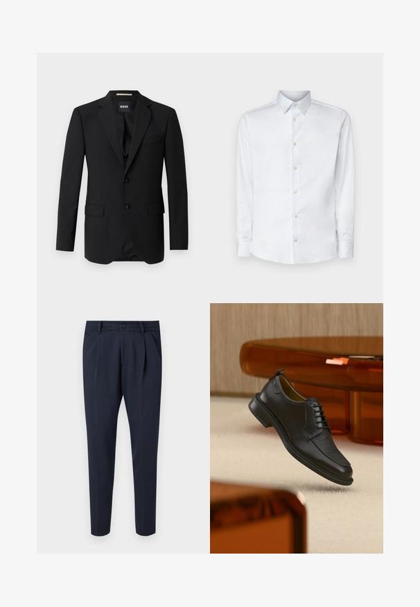Zwart colbert met notched kleppen, enkelsluiting, twee knopen en twee voorzakken. Glad materiaal en op maat gemaakte pasvorm.; Witte lange mouw shirt gemaakt van gladde stof, met een klassieke kraag, knoopsluiting en manchetten met knopen, gepresenteerd tegen een effen achtergrond.; Marineblauwe broek van gladde stof, met plooien, een ritssluiting en knoopsluiting, zijzakken en een taps toelopend ontwerp.; Zwarte leren veterschoen in de stijl van een nette schoen met een gestructureerd vooraanzicht, zwevend boven een beige tapijt in een moderne kamer met amberkleurige meubelen.
