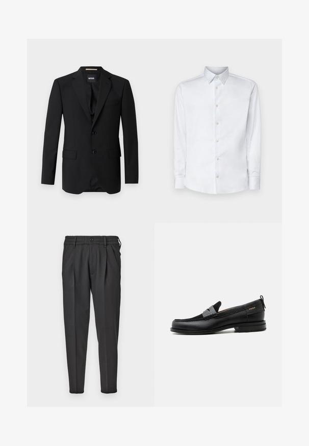 Sort blazer med spidse klapper, enknapsdesign, to knapper og to frontlommer. Glat stof og skræddersyet pasform.; Hvid langærmet skjorte lavet af glat stof, med en klassisk krave, knaplukning og manchetter med knapper, vist på en ensfarvet baggrund.; Sorte bukser lavet af glat stof, med plisseret front, elastisk talje og lige ben med en indsnævret bund.; Sort læderloafer med grå remdetalje, lav hæl og tekstureret sål, mærket med "HUGO" i guld på siden.