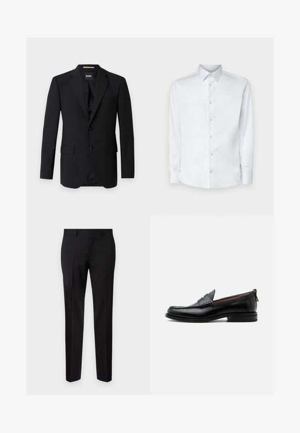 Schwarzes Blazer mit Reverskragen, einreihigem Design, zwei Knöpfen und zwei frontalen Taschen. Glattes Gewebe und taillierte Passform.; Weißes Langarmhemd aus glattem Stoff, mit klassischem Kragen, Knopfleiste und Manschetten mit Knöpfen, vor einem einfarbigen Hintergrund präsentiert.; Schwarze maßgeschneiderte Hosen aus glattem Stoff, mit geradem Bein, feinen Bügelfalten und einem klassischen Bund mit Gürtelschlaufen.; Schwarzer Leder-Herrenschuh mit Mokassinnaht, Penny-Riemen, strukturiertem Kragen und niedrigem gestapeltem Absatz auf weißem Hintergrund.