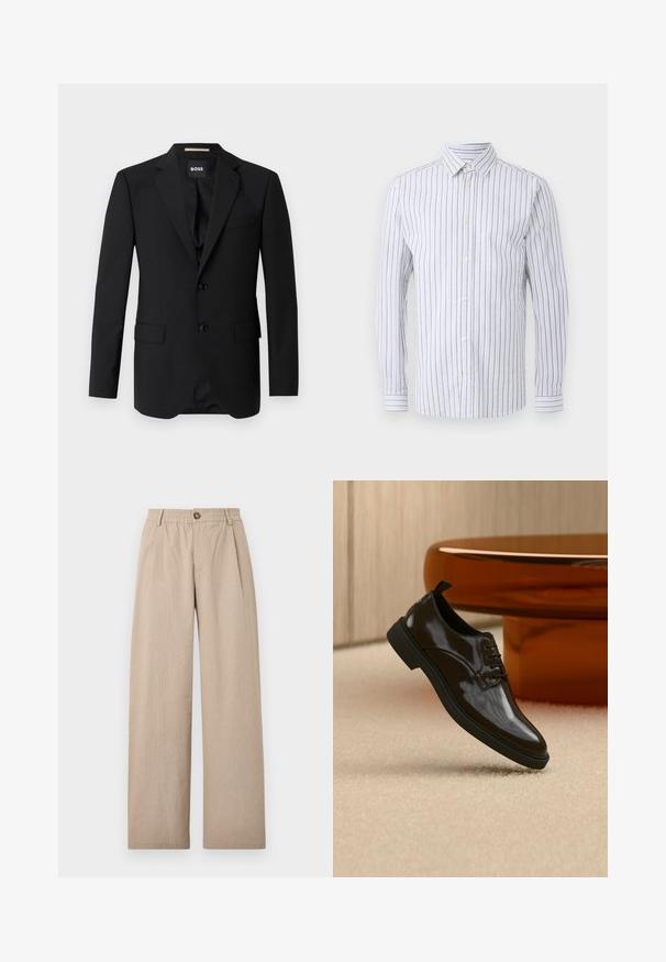 Blazer negro con solapas de muesca, diseño de un solo botón, dos botones y dos bolsillos frontales. Tejido suave y corte entallado.; Libertine-Libertine BABYLON - Camisa - black/sand; Pantalones de pierna ancha en color beige con un acabado texturizado, que cuentan con pliegues y una cinturilla elástica, asegurada por un botón de bronce en la parte delantera.; Zapato de vestir negro brillante de cuero con cordones flotando sobre una alfombra beige con una mesa redonda marrón brillante al fondo.
