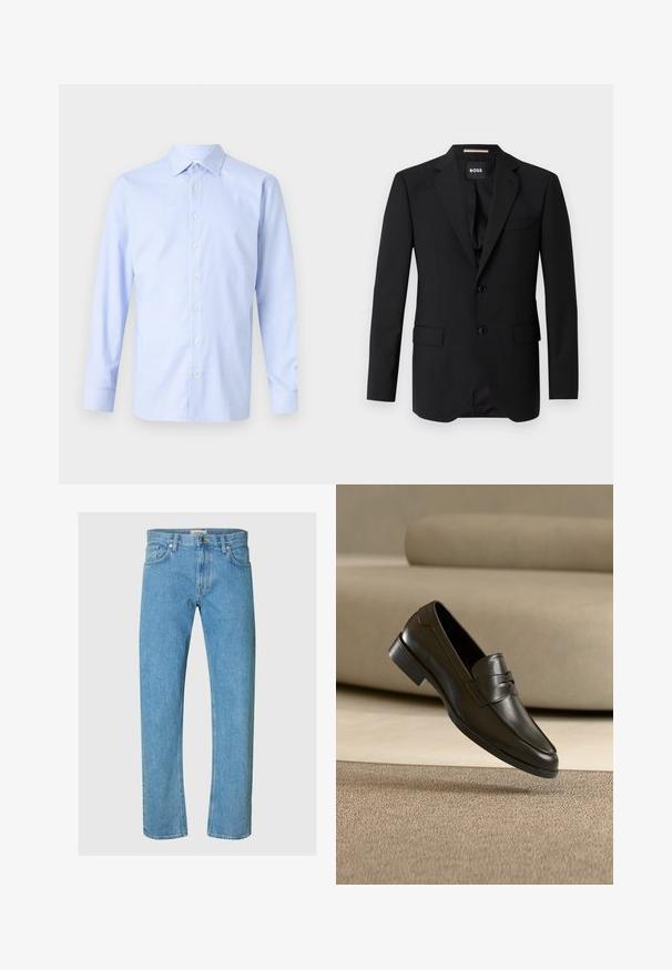 Zwart colbert met notched kleppen, enkelsluiting, twee knopen en twee voorzakken. Glad materiaal en op maat gemaakte pasvorm.; Lichtblauwe shirt met lange mouwen, voorzien van een geruit patroon, knoopsluiting aan de voorkant, puntige kraag en een subtiele textuur. Perfecte pasvorm met knoopmanchetten.; Lichtblauwe denim jeans hebben een recht model, vijf-pocket stijl en een ritssluiting met een metalen knoopsluiting.; Zwarte leren loafer zwevend boven een beige tapijt met een beige bank op de achtergrond, met een klassiek mannenmodel instapontwerp.