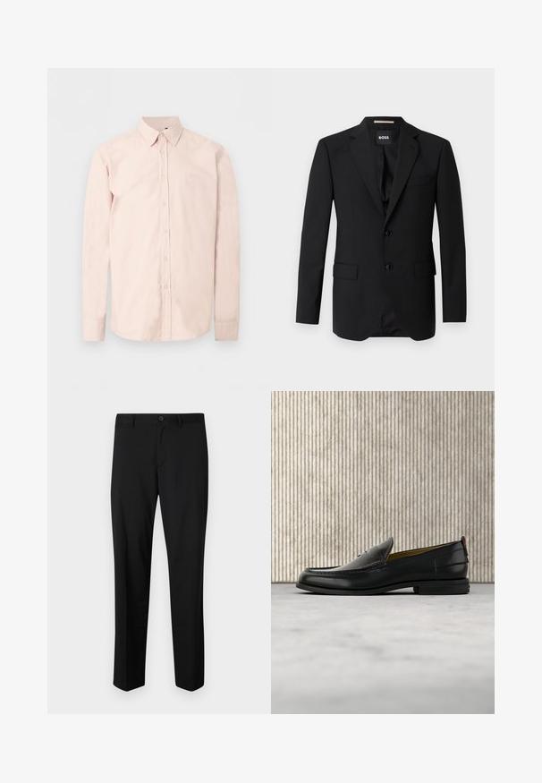 Blazer noir avec revers crantés, design à un bouton, deux boutons et deux poches avant. Tissu lisse et coupe ajustée.; Chemise rose clair à manches longues avec boutons, col pointu, logo discret sur la poitrine et poignets boutonnés sur un fond blanc uni.; Pantalons noirs ajustés avec une coupe plate, taille standard et jambes droites. Fabriqués en tissu lisse, dotés d'une fermeture à un bouton.; Mocassin pour homme en cuir noir avec un dessus embossé effet croco et un petit talon, présenté de profil sur un fond neutre.
