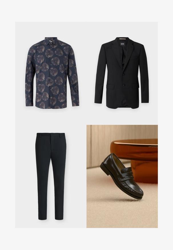 Blazer noir avec revers crantés, design à un bouton, deux boutons et deux poches avant. Tissu lisse et coupe ajustée.; Chemise à manches longues de couleur bleu marine foncé avec un motif floral comprenant de grandes fleurs atténuées. Fermeture à boutons à l'avant avec col classique et texture en tissu.; Pantalon de costume noir coupe slim avec passants pour ceinture, fermeture éclair à l’avant et sans poches visibles, présenté sur un fond blanc uni.; Mocassin en cuir noir brillant avec un détail de bride, posé sur un tapis beige près d'une table basse ronde en bois brun dans une pièce doucement éclairée.
