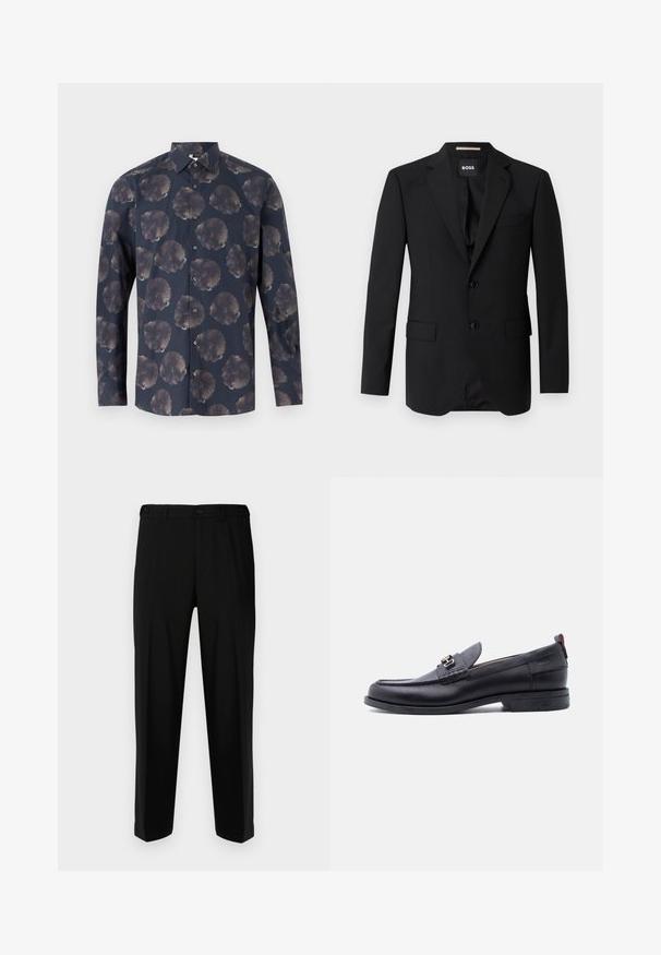 Sort blazer med spidse klapper, enknapsdesign, to knapper og to frontlommer. Glat stof og skræddersyet pasform.; Langærmet skjorte i mørk marineblå med et blomstermønster, der har store, afdæmpede blomster. Knaplukning foran med klassisk krave og stofstruktur.; Sorte bukser lavet af glat stof, med lige snit, to forlommer og lynlås med knaplukning.; Sort lædermokasin med grå tekstureret forfod, sølvfarvet metalspænde, lav hæl og trækflap bagpå.