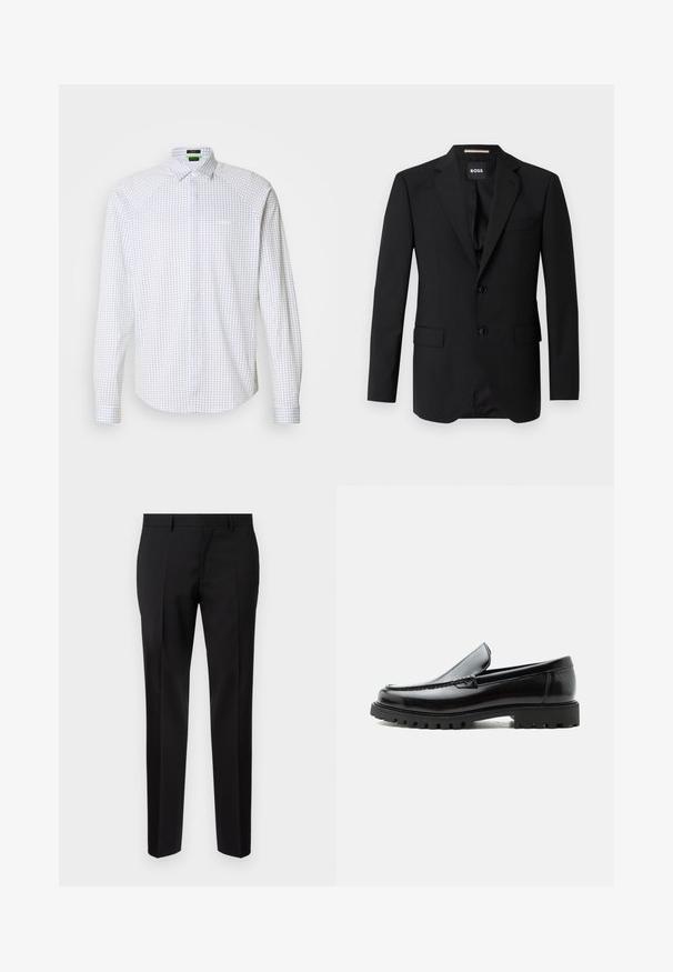 Sort blazer med spidse klapper, enknapsdesign, to knapper og to frontlommer. Glat stof og skræddersyet pasform.; Langærmet skjorte i hvid med et blåt rutenet mønster. Har en klassisk krave og en brystlomme. Glat stof med en struktureret pasform.; Sorte skræddersyede bukser lavet af glat stof, med lige ben, raffinerede folder og en klassisk talje med bæltestropper.; Sort læderloafer med chunky gummisål, syet overdel og præget mærkenavn på hælen, vist i sideprofil på hvid baggrund.