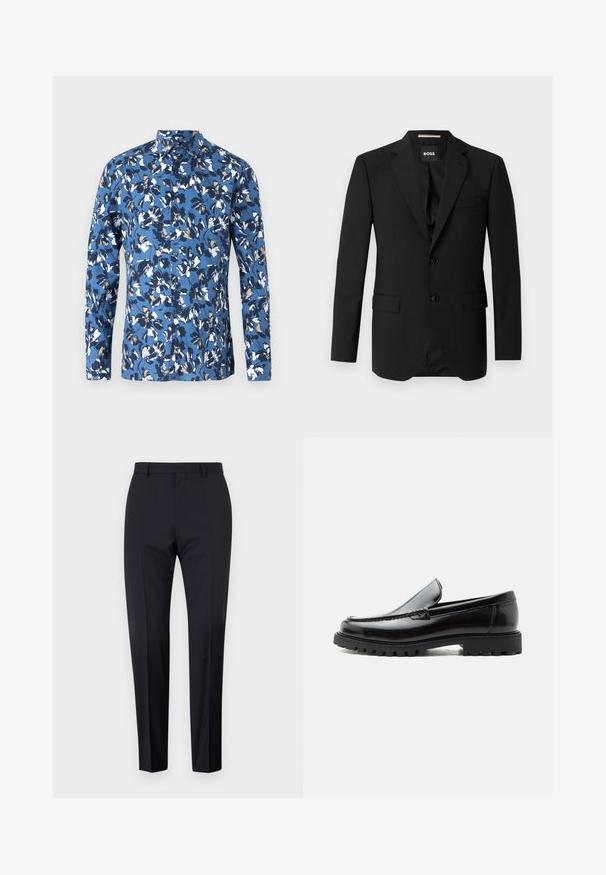 Sort blazer med spidse klapper, enknapsdesign, to knapper og to frontlommer. Glat stof og skræddersyet pasform.; Blå langærmet skjorte med knapper, der har et blomsterprint i hvide, marine- og brune nuancer. Fremstillet af blødt bomuldsstof med krave.; Marineblå skrædderbukser, flad front, slim fit, med bæltestropper og sidelommer. Glat stof med en skarp finish, ingen synlige mønstre eller accent.; Sort læderloafer med chunky gummisål, syet overdel og præget mærkenavn på hælen, vist i sideprofil på hvid baggrund.