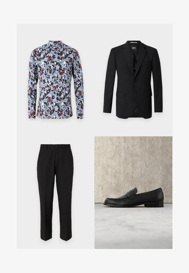 Sort blazer med spidse klapper, enknapsdesign, to knapper og to frontlommer. Glat stof og skræddersyet pasform.; Lynlange skjorte med knapper i lyseblå med et blomstermønster i rød, sort og hvid. Har en krave og frontknaplukning.; Sorte bukser lavet af glat stof, med lige ben design, forlommer, en enkelt knaplukning, og uden synlige mønstre.; Sort lædersko i loafer-stil svæver over et beige tæppe med et blankt brunt rundt bord i baggrunden.