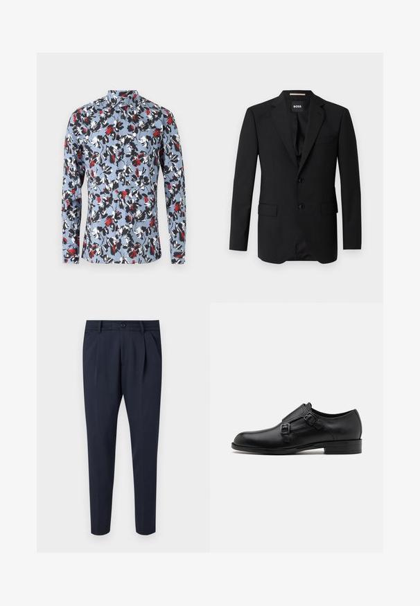 Schwarzes Blazer mit Reverskragen, einreihigem Design, zwei Knöpfen und zwei frontalen Taschen. Glattes Gewebe und taillierte Passform.; Langärmliges Hemd mit Knopfleiste in Hellblau, mit einem floralen Muster in Rot, Schwarz und Weiß. Verfügt über einen Kragen und eine Vorderknopfleiste.; Hose aus glattem Stoff in Marineblau, mit Falten, einem Reißverschluss und Knopfverschluss, seitlichen Taschen und einem schmalen Beindesign.; Schwarze Leder- Schnürschuhe mit doppelten Schnallen, schlanker Silhouette und runder Zehenpartie. Sie verfügen über einen niedrigen Absatz und eine glatte Textur.
