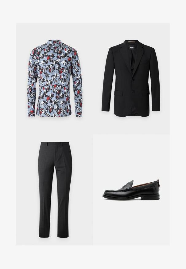 Sort blazer med spidse klapper, enknapsdesign, to knapper og to frontlommer. Glat stof og skræddersyet pasform.; Lynlange skjorte med knapper i lyseblå med et blomstermønster i rød, sort og hvid. Har en krave og frontknaplukning.; Skræddersyede mørkegrå bukser med en glat tekstur, slim fit, flad front og standard talje. Har pressede folder og ingen synlige mønstre.; Sort læder herre loafer med moc-tå syning, penny strop, struktureret krave og lav stablet hæl på hvid baggrund.