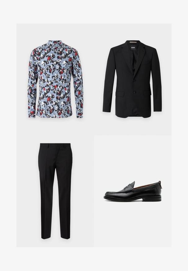 Sort blazer med spidse klapper, enknapsdesign, to knapper og to frontlommer. Glat stof og skræddersyet pasform.; Lynlange skjorte med knapper i lyseblå med et blomstermønster i rød, sort og hvid. Har en krave og frontknaplukning.; Sorte skræddersyede bukser lavet af glat stof, med lige ben, raffinerede folder og en klassisk talje med bæltestropper.; Sort læder herre loafer med moc-tå syning, penny strop, struktureret krave og lav stablet hæl på hvid baggrund.