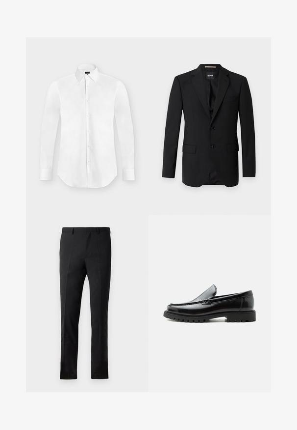 Blazer negro con solapas de muesca, diseño de un solo botón, dos botones y dos bolsillos frontales. Tejido suave y corte entallado.; Camisa blanca de vestir de manga larga con botones y cuello puntiagudo, colocada perfectamente plana sobre un fondo gris claro.; Pantalones negros con un corte ajustado, que presentan un frente plano, dos pliegues, pasadores para cinturón y una textura suave. Sin patrones ni accesorios visibles.; Mocasín de cuero negro con suela de goma gruesa, empeine cosido y nombre de la marca en relieve en el talón, mostrado en perfil lateral sobre fondo blanco.