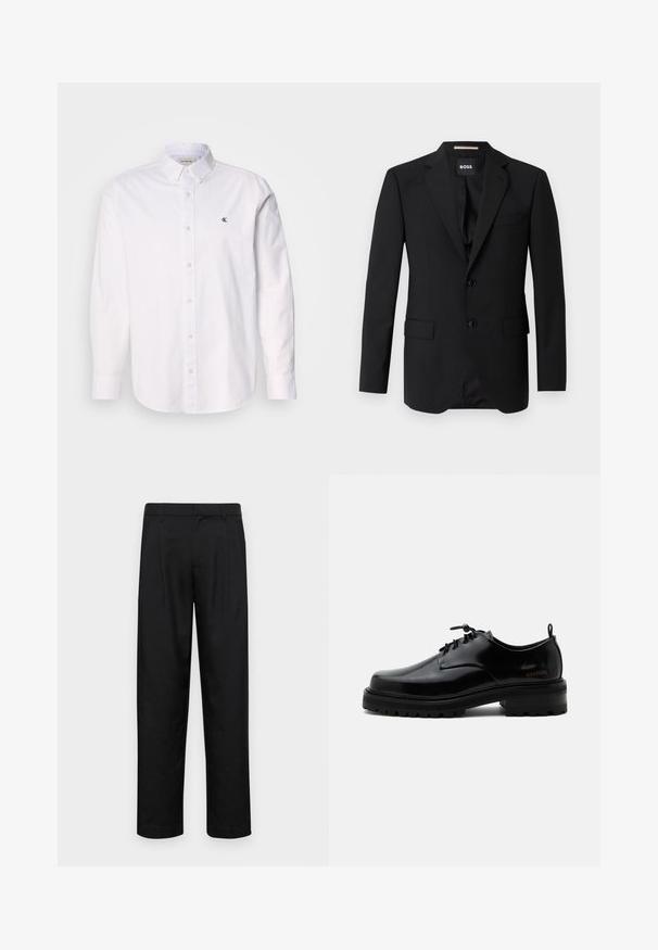 Zwart colbert met notched kleppen, enkelsluiting, twee knopen en twee voorzakken. Glad materiaal en op maat gemaakte pasvorm.; Witte button-up shirt gemaakt van katoen, met een klassieke kraag, lange mouwen en een klein CK-logo op de linkerborst. Glad oppervlak.; Zwarte broeken van gladde stof, met een recht model, twee voorknikken en een standaard tailleband met riemlussen.; Zwarte gepolijste leren veterschoen met dikke rubberen zool en lage hak, zijmerktekst "SAMSOE" en een achterste aantreklus.