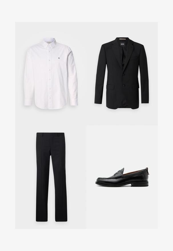 Blazer negro con solapas de muesca, diseño de un solo botón, dos botones y dos bolsillos frontales. Tejido suave y corte entallado.; Camisa blanca de algodón, con cuello clásico, mangas largas y un pequeño logo de CK en el lado izquierdo del pecho. Textura suave.; Pantalones negros ajustados con un diseño de pierna recta, pliegues marcados y un acabado suave. Fabricados en tejido ligero con una cintura limpia.; Mocasín de hombre de piel negra con costura moc toe, tira penny, cuello texturizado y tacón bajo apilado sobre fondo blanco.