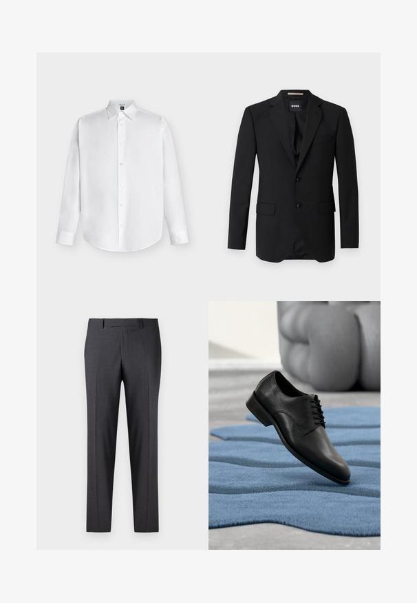 Blazer noir avec revers crantés, design à un bouton, deux boutons et deux poches avant. Tissu lisse et coupe ajustée.; Chemise blanche à manches longues avec boutons et col classique, présentée à plat sur un fond clair.; Pantalons gris foncé ajustés en tissu lisse et texturé ; dotés d'un devant plat et de jambes droites ; design minimaliste sans accents visibles.; Chaussure de ville en cuir noir flottant au-dessus d'un tapis bleu ondulé avec une chaise rembourrée grise en arrière-plan.