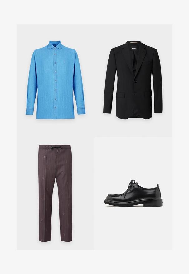 Blazer noir avec revers crantés, design à un bouton, deux boutons et deux poches avant. Tissu lisse et coupe ajustée.; Chemise bleu clair en denim. Elle présente un col classique, des manches longues et un petit logo brodé sur la poitrine.; Pantalon avec taille élastique en violet foncé avec des rayures verticales et des accents imprimés subtils. Matériau léger avec une coupe décontractée.; Calvin Klein LACE UP APRON BRUSH OFF - Derbies - black