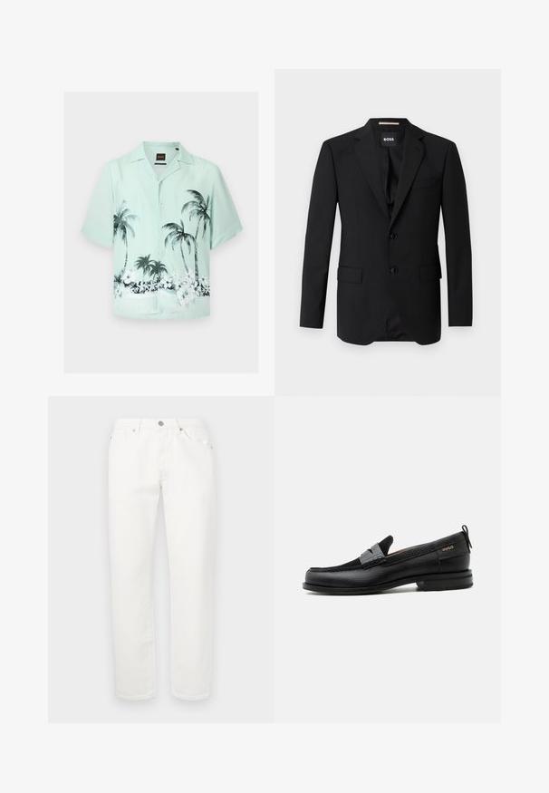 Blazer noir avec revers crantés, design à un bouton, deux boutons et deux poches avant. Tissu lisse et coupe ajustée.; Chemise vert clair à manches courtes avec boutons et imprimé noir et blanc de palmiers et de fleurs tropicales sur le bas.; Pantalon en denim blanc avec une coupe droite. Il comporte une disposition traditionnelle à cinq poches, une fermeture à bouton métallique et une légère texture.; Mocassin en cuir noir avec détail de bride grise, talon bas et semelle texturée, marqué "HUGO" en or sur le côté.