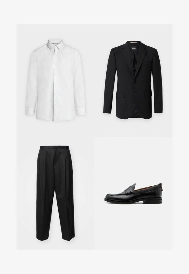 Schwarzes Blazer mit Reverskragen, einreihigem Design, zwei Knöpfen und zwei frontalen Taschen. Glattes Gewebe und taillierte Passform.; Weißes Hemd mit langen Ärmeln, ausgestelltem Kragen und geknöpften Manschetten, frontal auf hellgrauem Hintergrund dargestellt.; Schwarze, taillierte Hosen mit hoher Taille, weitem Bein und scharfen Falten. Aus glattem Stoff gefertigt, mit Gürtelschlaufen und ohne sichtbare Beschläge.; Schwarzer Leder-Herrenschuh mit Mokassinnaht, Penny-Riemen, strukturiertem Kragen und niedrigem gestapeltem Absatz auf weißem Hintergrund.