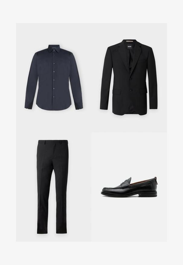 Blazer negro con solapas de muesca, diseño de un solo botón, dos botones y dos bolsillos frontales. Tejido suave y corte entallado.; Camisa de vestir para hombre de manga larga en azul marino oscuro con botones, cuello puntiagudo y puños abotonados sobre un fondo gris claro.; Pantalones negros con un corte ajustado, que presentan un frente plano, dos pliegues, pasadores para cinturón y una textura suave. Sin patrones ni accesorios visibles.; Mocasín de hombre de piel negra con costura moc toe, tira penny, cuello texturizado y tacón bajo apilado sobre fondo blanco.