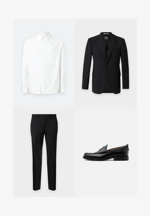 Sort blazer med spidse klapper, enknapsdesign, to knapper og to frontlommer. Glat stof og skræddersyet pasform.; Hvid langærmet skjorte med knaplukning lavet af letvægtsstof. Har en frontlomme, klassisk krave og subtil tekstur.; Sorte skræddersyede bukser lavet af glat stof, med lige ben, raffinerede folder og en klassisk talje med bæltestropper.; Sort læder herre loafer med moc-tå syning, penny strop, struktureret krave og lav stablet hæl på hvid baggrund.