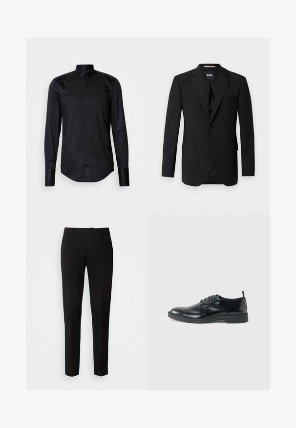 Sort blazer med spidse klapper, enknapsdesign, to knapper og to frontlommer. Glat stof og skræddersyet pasform.; Sort langærmet skjorte med mandarin-krave, frontpanel med lodrette striber og glat tekstur. Kommer med knaplukninger.; Sorte bukser med lige ben design, der har knaplukning, bæltestropper og en glat stofstruktur. Ingen synlige mønstre eller accenter.; Blank sort læder dresssko med lav hæl, snørelukning og rund tå, vist fra siden på ensfarvet lys baggrund.