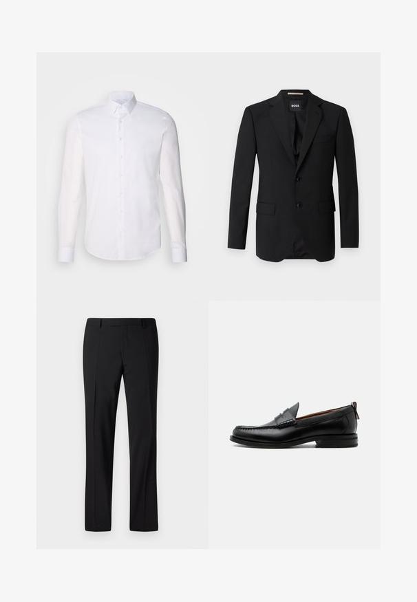Blazer noir avec revers crantés, design à un bouton, deux boutons et deux poches avant. Tissu lisse et coupe ajustée.; Chemise blanche à manches longues en coton, dotée d'un col classique, de boutons à l'avant et de détails de couture minimalistes.; Pantalons noirs ajustés avec une coupe droite, présentant une texture lisse, un devant plissé et une taille classique pour un look formel.; Mocassin homme en cuir noir avec couture moc toe, bride penny, col texturé et petit talon empilé sur fond blanc.