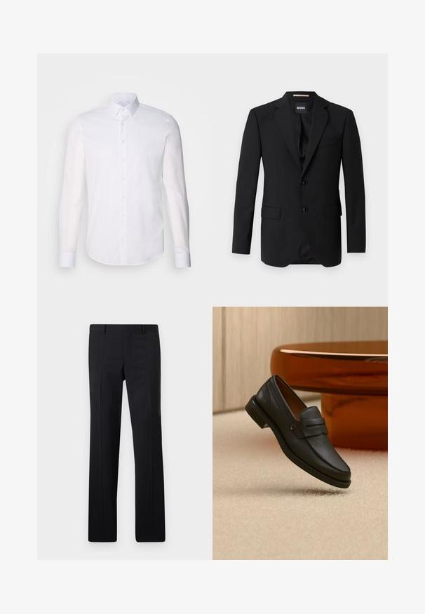 Sort blazer med spidse klapper, enknapsdesign, to knapper og to frontlommer. Glat stof og skræddersyet pasform.; Hvid langærmet button-up skjorte lavet af bomuld, med en klassisk krave, frontknapper og minimal syning detalje.; Sorte skræddersyede bukser med et lige ben design, skarpe folder og en glat overflade. Fremstillet af letvægtsstof med en ren talje.; Sort læder herreloafer med bånd tværs over toppen, vist på beige tæppe nær et brunt moderne rundt bord.