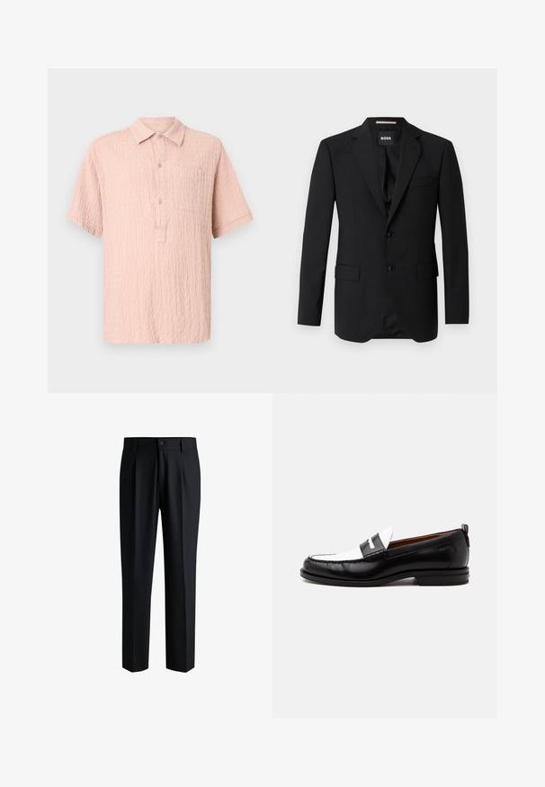 Blazer noir avec revers crantés, design à un bouton, deux boutons et deux poches avant. Tissu lisse et coupe ajustée.; Chemise rose à manches courtes avec un tissu texturé, un devant à boutons et une poche poitrine simple. Design de col classique.; Pantalons noirs en tissu lisse, avec une coupe droite, des plis à l'avant et une fermeture à bouton avec passants de ceinture.; Mocassin en cuir noir et blanc avec des détails cousus, un petit talon et un design slip-on, présenté de profil sur un fond uni.