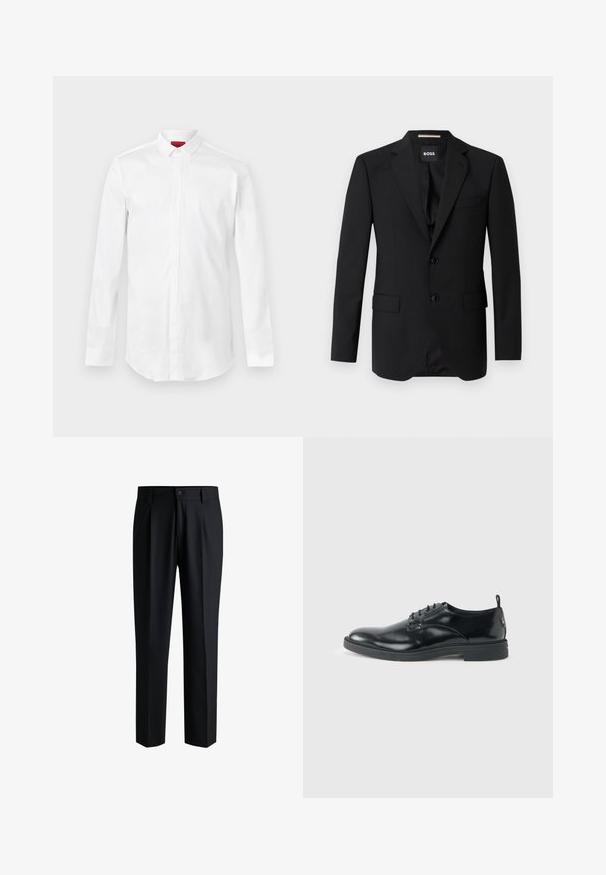 Blazer noir avec revers crantés, design à un bouton, deux boutons et deux poches avant. Tissu lisse et coupe ajustée.; Chemise blanche à manches longues avec col pointu et patte de boutonnage cachée, présentée sur un fond clair uni.; Pantalons noirs en tissu lisse, avec une coupe droite, des plis à l'avant et une fermeture à bouton avec passants de ceinture.; Chaussure habillée en cuir noir brillant avec un petit talon, fermeture à lacets et bout rond, vue de côté sur un fond uni et clair.