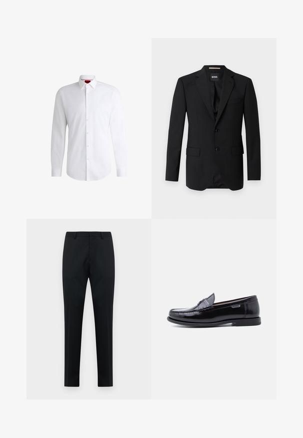 Blazer noir avec revers crantés, design à un bouton, deux boutons et deux poches avant. Tissu lisse et coupe ajustée.; Chemise blanche à manches longues en tissu lisse avec un col classique et un ourlet arrondi. Présente des boutons beiges à l'avant.; Pantalons formels noirs pour hommes, ajustés avec passants de ceinture, devant plat et jambes droites sur fond blanc.; Mocassins en cuir noir avec une finition brillante, présentant un motif cousu sur l'avant-pied et une semelle en caoutchouc noire texturée et basse.