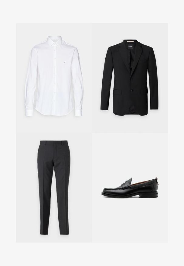 Schwarzes Blazer mit Reverskragen, einreihigem Design, zwei Knöpfen und zwei frontalen Taschen. Glattes Gewebe und taillierte Passform.; Weißes Langarmhemd mit Button-Down-Kragen, mit einem kleinen gestickten "CK"-Logo auf der linken Brust und einem glatten, strukturierten Stoff.; Dunkelgraue maßgeschneiderte Hose mit geradem Schnitt, verfügt über Seitentaschen und eine subtile Textur. Die Verschlüsse umfassen einen Reißverschluss und Gürtelschlaufen.; Schwarzer Leder-Herrenschuh mit Mokassinnaht, Penny-Riemen, strukturiertem Kragen und niedrigem gestapeltem Absatz auf weißem Hintergrund.