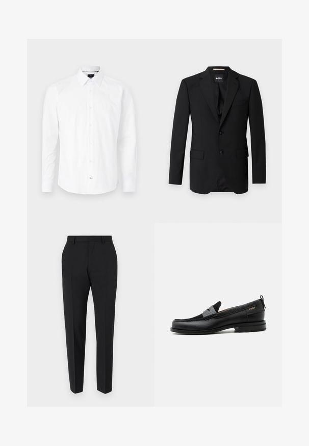 Blazer noir avec revers crantés, design à un bouton, deux boutons et deux poches avant. Tissu lisse et coupe ajustée.; Chemise blanche à manches longues en coton. Présente un col boutonné, une fermeture à boutons à l'avant avec des boutons roses, et un ourlet arrondi.; Pantalons noirs au design ajusté, avec un devant plat, des détails de plis et une coupe élégante. Fabriqués en tissu lisse pour un look raffiné.; Mocassin en cuir noir avec détail de bride grise, talon bas et semelle texturée, marqué "HUGO" en or sur le côté.