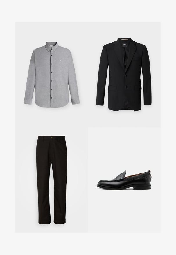 Blazer negro con solapas de muesca, diseño de un solo botón, dos botones y dos bolsillos frontales. Tejido suave y corte entallado.; Camisa de manga larga color gris claro con cierre de botones y cuello abotonado, con un pequeño logo "cK" bordado en el pecho izquierdo.; Pantalones de algodón negros con corte recto, presillas para el cinturón, cremallera frontal y un solo botón de cierre. Textura suave sin patrones visibles.; Mocasín de hombre de piel negra con costura moc toe, tira penny, cuello texturizado y tacón bajo apilado sobre fondo blanco.