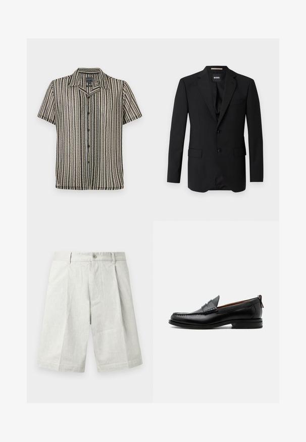 Zwart colbert met notched kleppen, enkelsluiting, twee knopen en twee voorzakken. Glad materiaal en op maat gemaakte pasvorm.; Korte mouwen button-up shirt met een gestreept patroon in zachte tonen van beige, zwart en grijs. Heeft een kampkraag en een relaxte pasvorm.; Lichtgrijze korte broek van gestructureerde stof, met knoopsluiting, plooien en een rechte snit, geschikt voor casual draagstijl.; Zwarte leren herensloffen met moc toe stiksel, pennyriem, gestructureerde kraag en lage gestapelde hak op witte achtergrond.