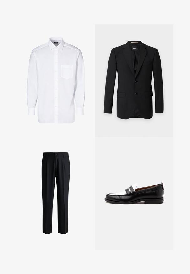 Schwarzes Blazer mit Reverskragen, einreihigem Design, zwei Knöpfen und zwei frontalen Taschen. Glattes Gewebe und taillierte Passform.; Weißes Hemd mit langen Ärmeln, Knopfleiste, einer Brusttasche, klassischem Kragen und glatter Textur.; Schwarze Hose aus glattem Stoff, mit geradem Bein-Design, Falten vorne und einem Knopfverschluss mit Gürtelschlaufen.; Schwarz-weißer Lederloafer mit genähten Details, niedrigem Absatz und einem Slip-On-Design, seitlich auf neutralem Hintergrund gezeigt.