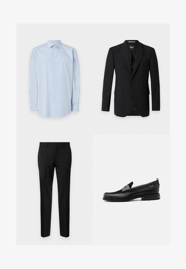 Sort blazer med spidse klapper, enknapsdesign, to knapper og to frontlommer. Glat stof og skræddersyet pasform.; Blå og hvid stribet langærmet skjorte lavet af bomuld, med klassisk krave, knappet front og manchetter.; Sorte skræddersyede bukser lavet af glat stof, med lige ben, raffinerede folder og en klassisk talje med bæltestropper.; Sort læderloafer med grå remdetalje, lav hæl og tekstureret sål, mærket med "HUGO" i guld på siden.